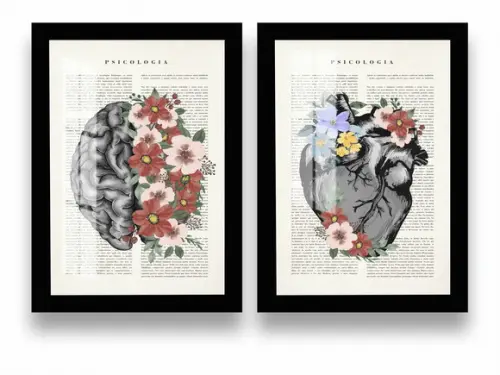 Kit 2 Quadros Decorativos Cérebro Coração Com Moldura Vidro