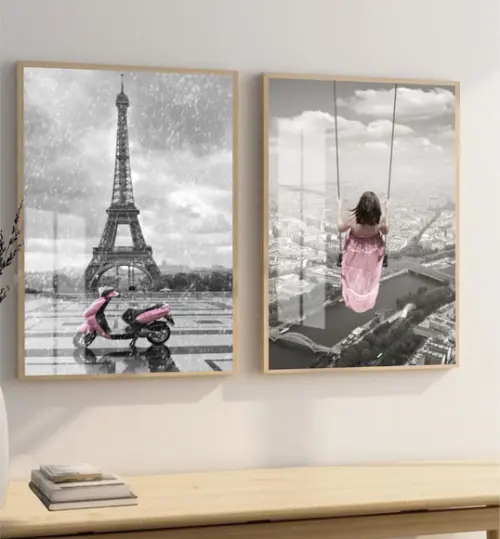 Kit 2 Quadros Decorativos Cidade Torre Eiffel Moldura Vidro