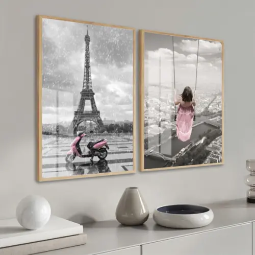 Kit 2 Quadros Decorativos Cidade Torre Eiffel Moldura Vidro