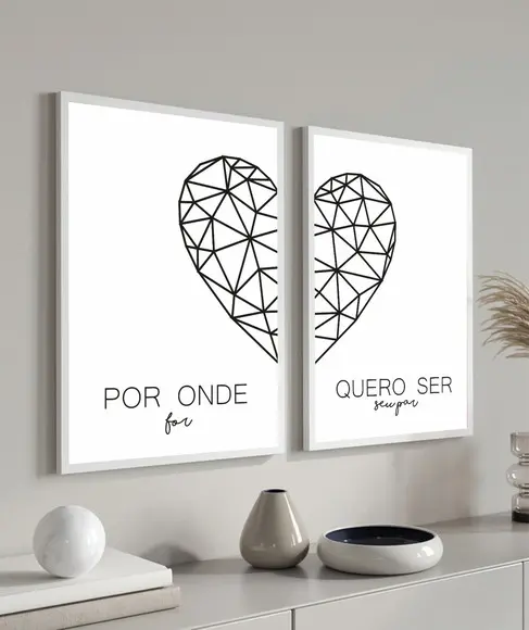 Kit 2 Quadros Decorativos Coração Frases Quarto de Casal