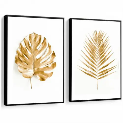 Kit 2 Quadros Decorativos Costela De Adão Folhagem Dourada