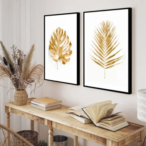 Kit 2 Quadros Decorativos Costela De Adão Folhagem Dourada
