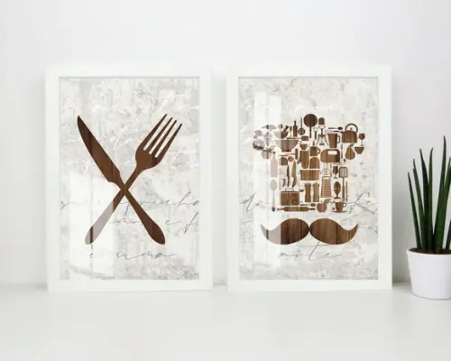 Kit 2 Quadros Decorativos Cozinha Talher Com Moldura e Vidro