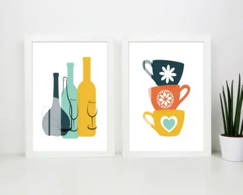 Kit 2 Quadros Decorativos Cozinha Xícara Com Moldura e Vidro