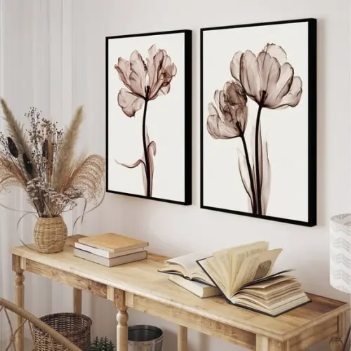Kit 2 Quadros Decorativos De Flores Sala Quarto Com Moldura