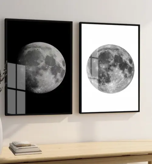 Kit 2 Quadros Decorativos de Lua Preto e Branco com Vidro