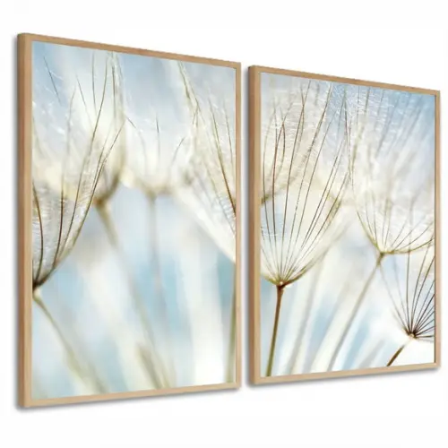 Kit 2 Quadros Decorativos Dente de Leão Azul Flores Moldura