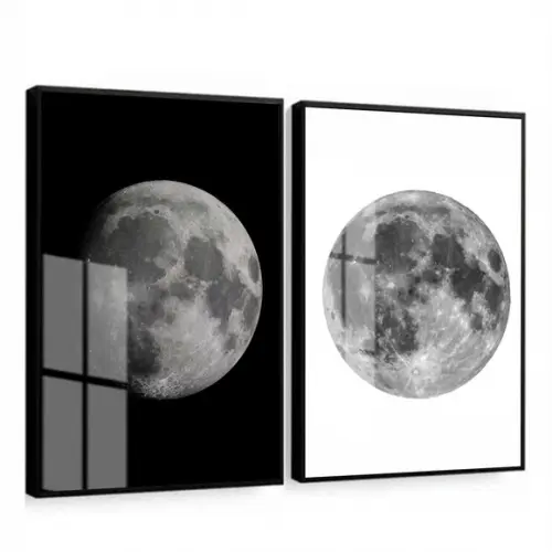 Kit 2 Quadros Decorativos de Lua Preto e Branco com Vidro