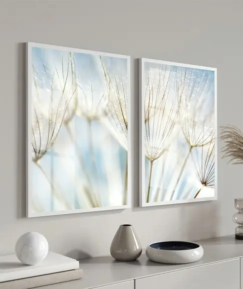 Kit 2 Quadros Decorativos Dente de Leão Azul Moldura e Vidro