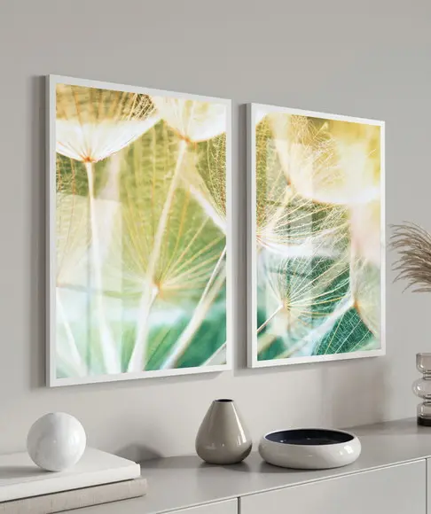 Kit 2 Quadros Decorativos Dente de Leão Floral Moldura Vidro