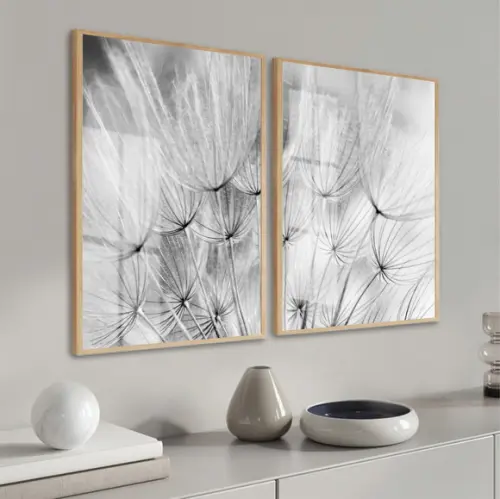 Kit 2 Quadros Decorativos Dente de Leão Preto e Branco Vidro