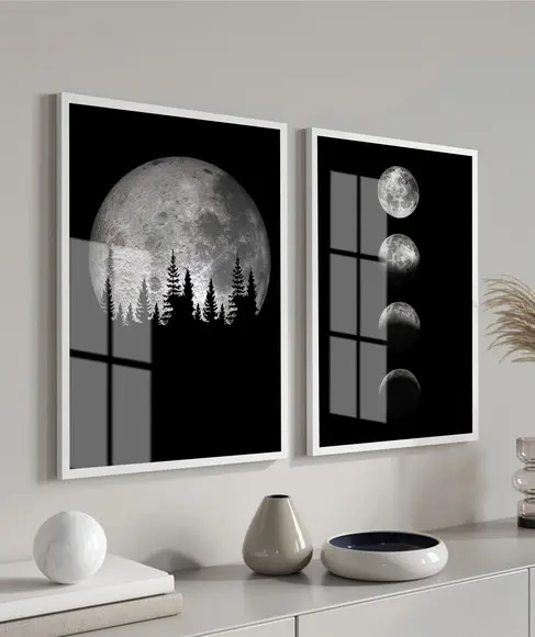 Kit 2 Quadros Decorativos Fases Da Lua Com Moldura E Vidro