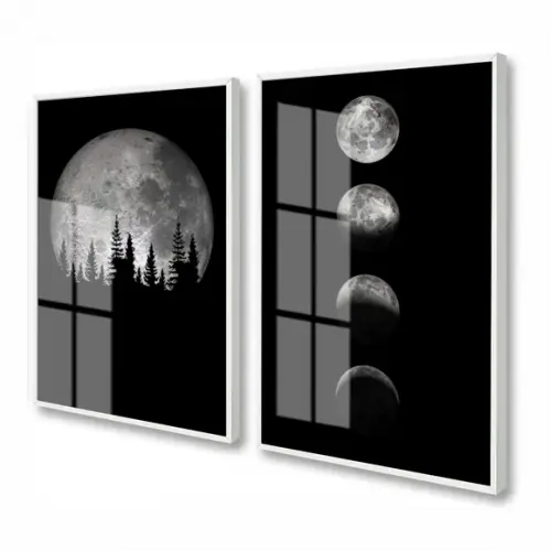 Kit 2 Quadros Decorativos Fases Da Lua Com Moldura E Vidro