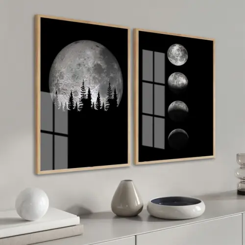 Kit 2 Quadros Decorativos Fases Da Lua Com Moldura E Vidro