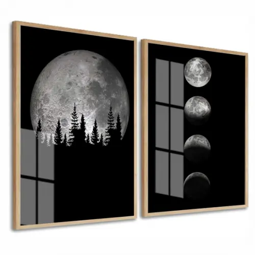 Kit 2 Quadros Decorativos Fases Da Lua Com Moldura E Vidro