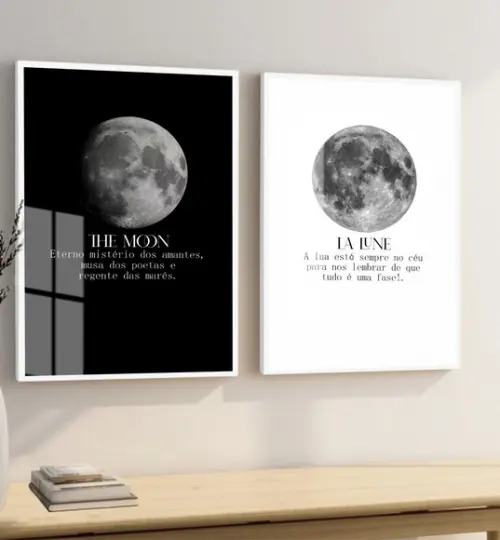 Kit 2 Quadros Decorativos Fases da Lua Moderno Frases Vidro