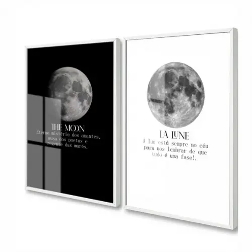 Kit 2 Quadros Decorativos Fases da Lua Moderno Frases Vidro