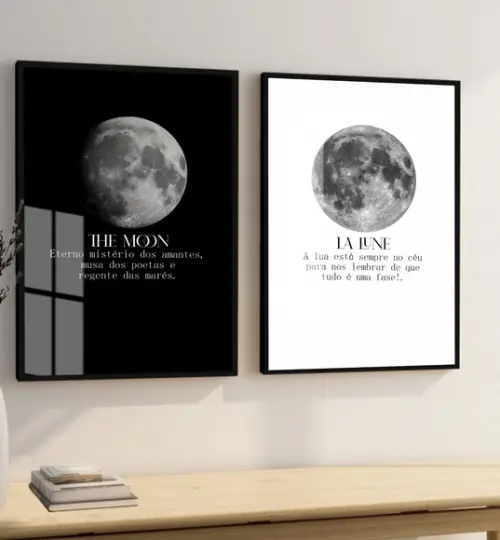 Kit 2 Quadros Decorativos Fases da Lua Moderno Frases Vidro