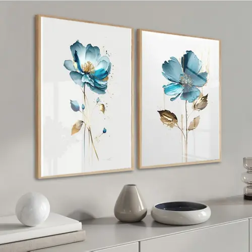 Kit 2 Quadros Decorativos Flor Azul para Sala Moldura Vidro