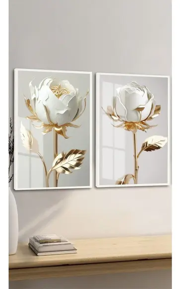 Kit 2 Quadros Decorativos Flor Branca Dourada Moldura Vidro
