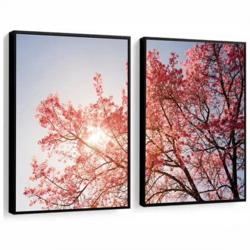 Kit 2 Quadros Decorativos Flor De Cerejeira Arvore Moldura