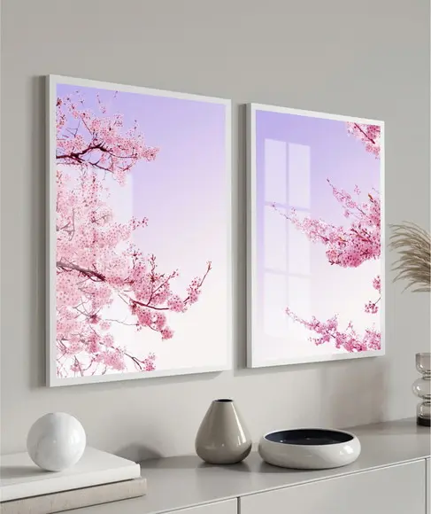 Kit 2 Quadros Decorativos Flor De Cerejeira Moldura e Vidro