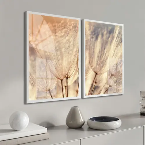 Kit 2 Quadros Decorativos Flor Dente de Leão Moldura e Vidro