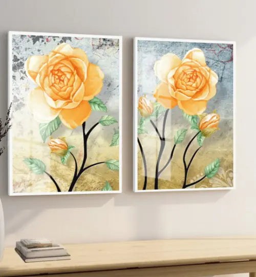Kit 2 Quadros Decorativos Flores Amarelas Com Moldura Vidro