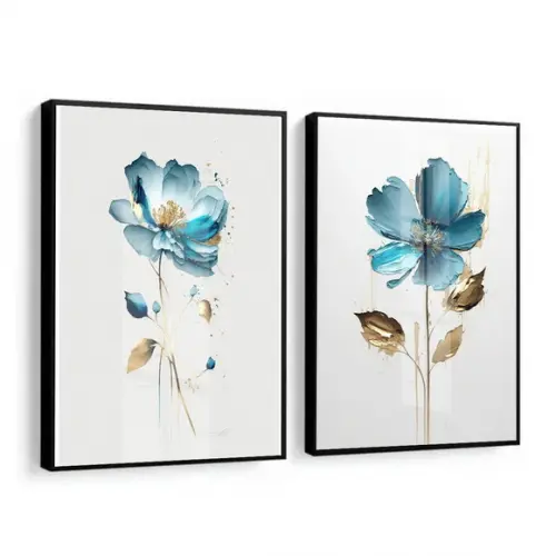 Kit 2 Quadros Decorativos Flores Azul com Moldura e Vidro