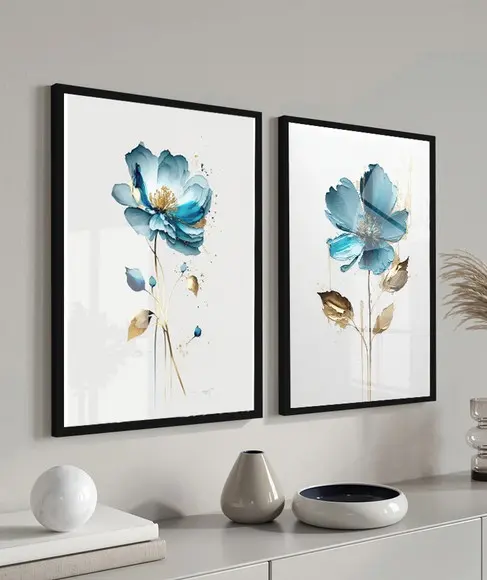 Kit 2 Quadros Decorativos Flores Azul com Moldura e Vidro