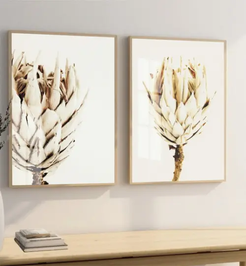 Kit 2 Quadros Decorativos Flores Bege Com Moldura E Vidro