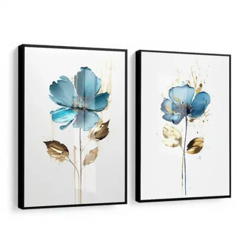 Kit 2 Quadros Decorativos Flores Azul com Moldura e Vidro
