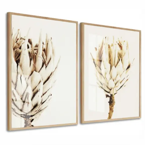 Kit 2 Quadros Decorativos Flores Bege Com Moldura E Vidro