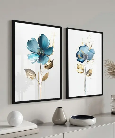 Kit 2 Quadros Decorativos Flores Azul com Moldura e Vidro