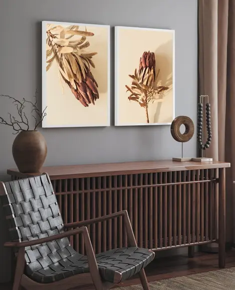 Kit 2 Quadros Decorativos Flores Bege Folhagem com Moldura