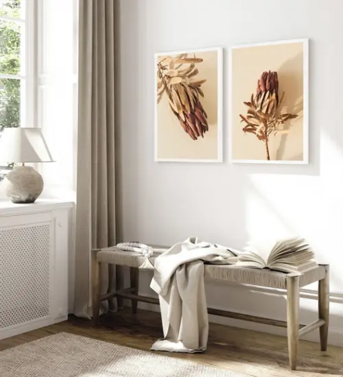 Kit 2 Quadros Decorativos Flores Bege Folhagem com Moldura