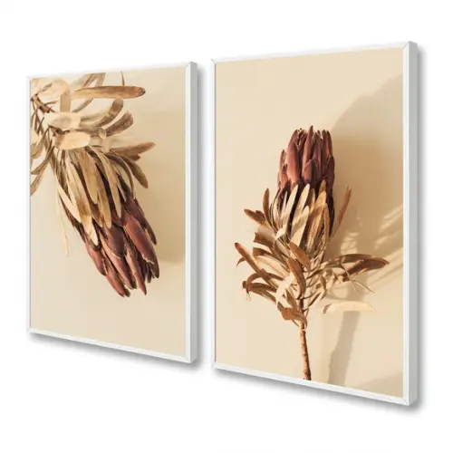 Kit 2 Quadros Decorativos Flores Bege Folhagem com Moldura