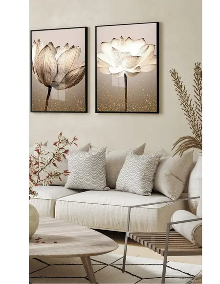 Kit 2 Quadros Decorativos Flores Bege Moderna Boho com Vidro