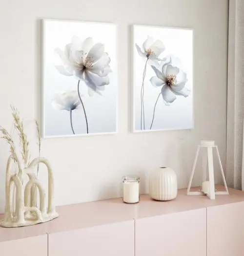Kit 2 Quadros Decorativos Flores Brancas com Moldura e Vidro
