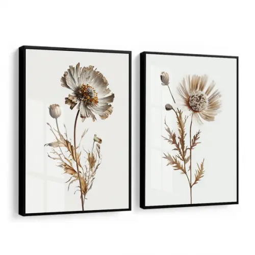 Kit 2 Quadros Decorativos Flores Brancas com Moldura e Vidro