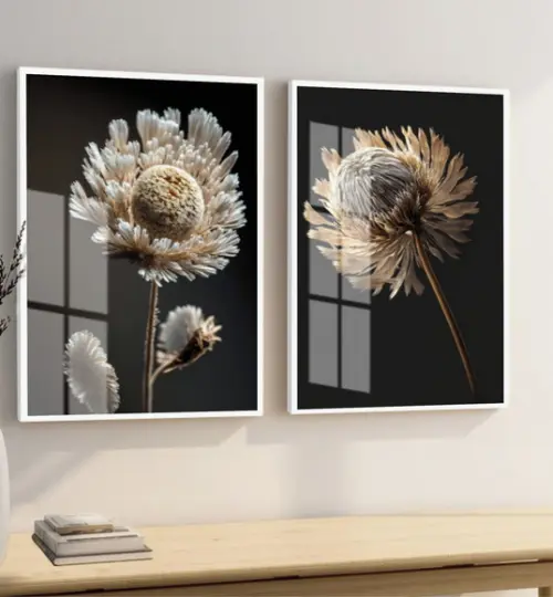 Kit 2 Quadros Decorativos Flores Brancas com Moldura e Vidro