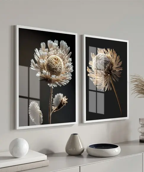 Kit 2 Quadros Decorativos Flores Brancas com Moldura e Vidro