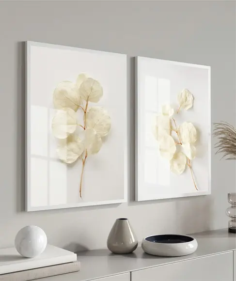 Kit 2 Quadros Decorativos Flores Brancas com Moldura e Vidro