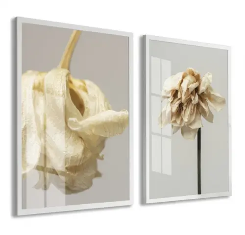 Kit 2 Quadros Decorativos Flores Brancas Com Moldura e Vidro