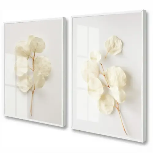 Kit 2 Quadros Decorativos Flores Brancas Com Moldura E Vidro