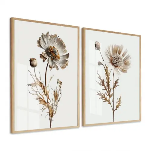 Kit 2 Quadros Decorativos Flores Brancas com Vidro e Moldura