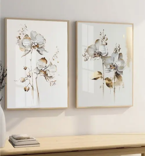 Kit 2 Quadros Decorativos Flores Brancas Gold Moldura Vidro
