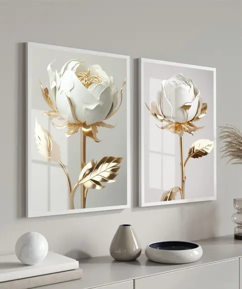 Kit 2 Quadros Decorativos Flores Brancas Gold Moldura Vidro