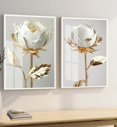 Kit 2 Quadros Decorativos Flores Brancas Gold Moldura Vidro
