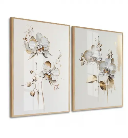 Kit 2 Quadros Decorativos Flores Brancas Gold Moldura Vidro